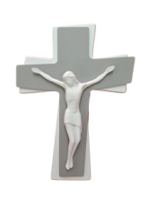 CR FR/061 CROCE LACCATA DOPPIO LIVELLO BICOLORE cm 21x28 CIRCA CON CRISTO IN RESINA BIANCO