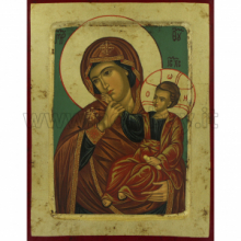 QD FA/041 ICONA STAMPA MADONNA BAMBINO FONDO VERDE SU LEGNO CON FINITURE A MANO cm 20x25 CIRCA