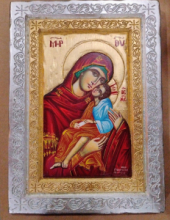 QD SP/195 VERGINE DI TENEREZZA MANTO ROSSO CORNICI INCISE cm 25x35 DIPINTA