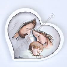 QD ES/003 QUADRO CUORE SACRA FAMIGLIA 20x18 cm CIRCA COLORATA CON RIFINITURE ARGENTATE DA APPENDERE ED APPOGGIARE